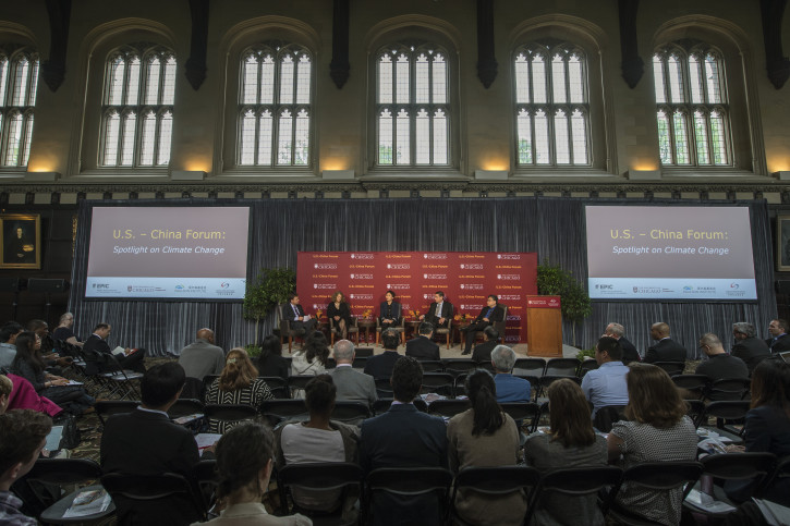 From left: Moderator Pete Ogden; Elisabeth Moyer, associate professor of Atmospheric Science; Litao Wang, professor of environmental engineering, Hebel University; Michael Greenstone, director of the Energy Policy Institute at Chicago, and Milton Friedman Professor of Economics and the College; and Zou Ji, deputy director general, National Center for Climate Change in China, during the U.S. - China Forum: Spotlight on Climate Change Tuesday, May 19, 2015, on the University of Chicago campus. (Robert Kozloff/The University of Chicago)