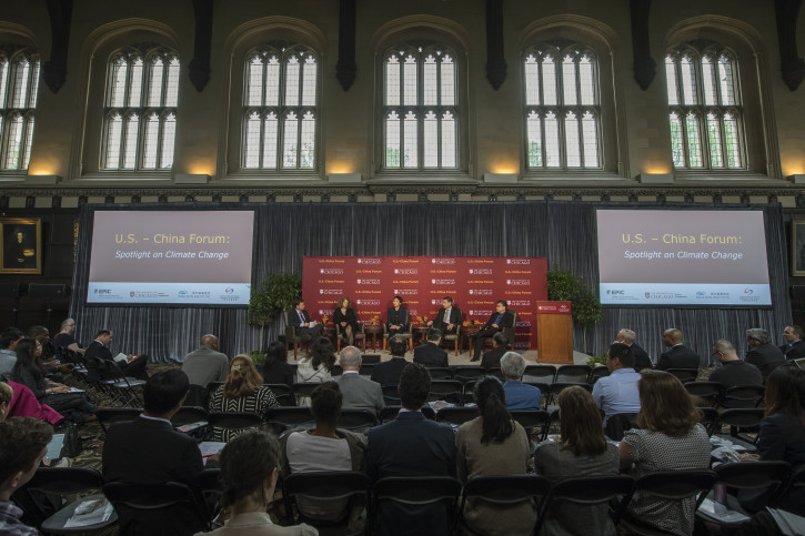 From left: Moderator Pete Ogden; Elisabeth Moyer, associate professor of Atmospheric Science; Litao Wang, professor of environmental engineering, Hebel University; Michael Greenstone, director of the Energy Policy Institute at Chicago, and Milton Friedman Professor of Economics and the College; and Zou Ji, deputy director general, National Center for Climate Change in China, during the U.S. - China Forum: Spotlight on Climate Change Tuesday, May 19, 2015, on the University of Chicago campus.   (Robert Kozloff/The University of Chicago)