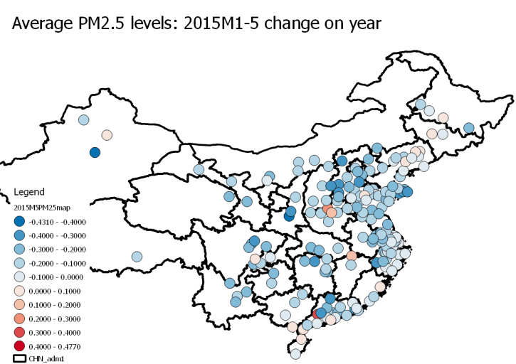 Map of PM2.5 concentration reduction between 2014 and 2015