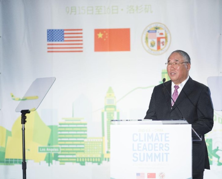 Xie Zhenhua, Chinese special representative on climate change issues delivers a speech during the U.S.-China Climate Leaders Summit in Los Angeles on Sept. 15, 2015.