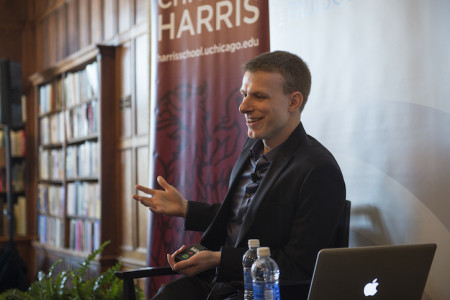 Eric Fish, staff writer at Asia Society and author of "China's Millenials: The Want Generation," delivers the Contemporary China Speakers Series lecture in the Quadrangle Club library Wednesday, Feb. 17, 2016, on the University of Chicago campus. The event is co-sponsored by Chicago Harris and the Paulson Institute. (Robert Kozloff/The University of Chicago)